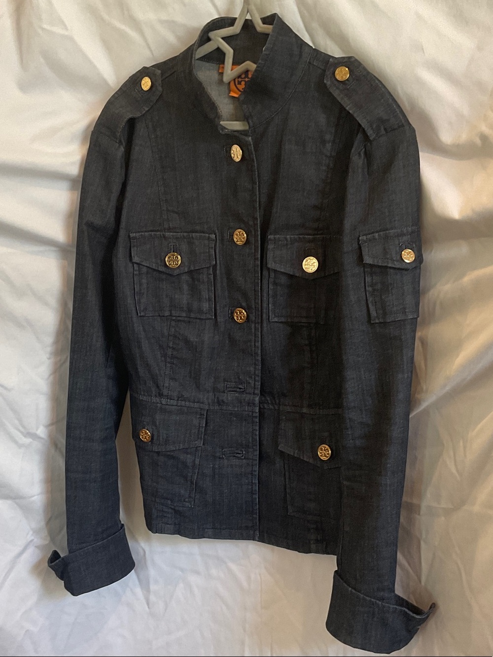 Tory Burch Dark Gray Military-Style Jacket with Gold Buttons